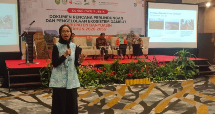 Seruni Lestari, peneliti ICRAF Indonesia saat menjelaskan tentang pengelolaan Gambut dalam Konsultasi Publik - Dokumen Rencana Perlindungan dan Pengelolaan Ekosistem Gambut Banyuasin Sumsel (Seputarsumatera.com / Nefri Inge)